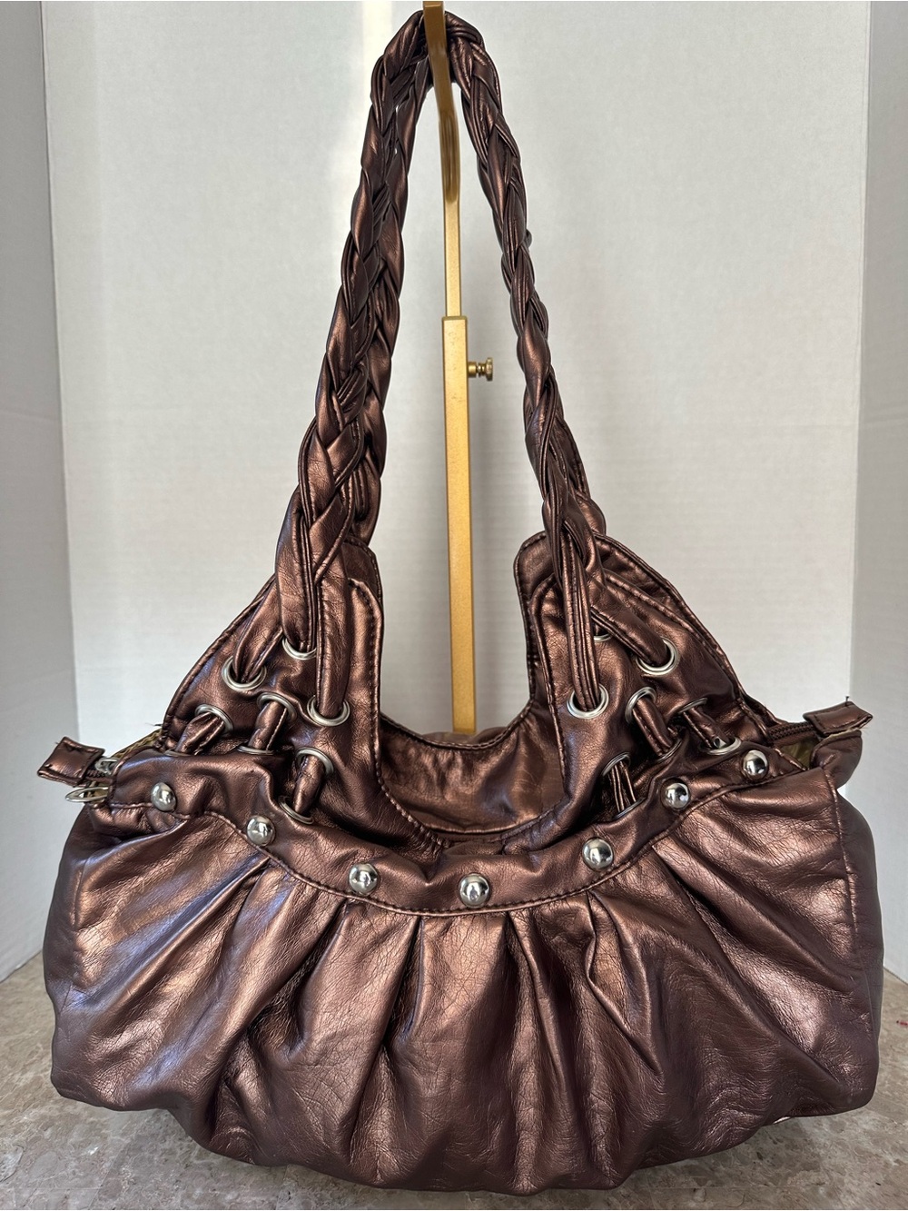 Y2K Metallic Bronze Slouchy Hobo Bag Braided Studded Grommet Mcbling Glam Grunge